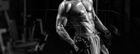 Photo for Banner templates with muscular man, muscular torso, six pack abs muscle. Male bare torso. Fitness workout with dumbbells. Gym training. Man with six packs - Royalty Free Image