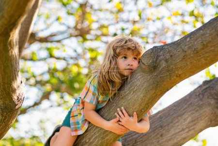 Téléchargez les photos : Joyeux enfant jouant dans le jardin grimpant sur l'arbre. Petit garçon jouant et grimpant à un arbre et accrochant une branche - en image libre de droit
