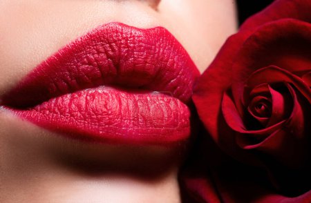 Photo for Lips with lipstick closeup. Beauty Red Lips Makeup Detail. Beautiful woman lips with rose - Royalty Free Image