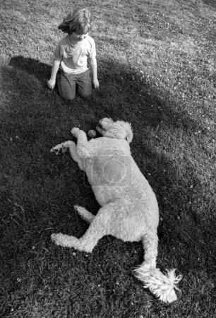 Téléchargez les photos : Enfant heureux avec chien couché sur l'herbe. Portrait enfant garçon avec animal jouant à l'extérieur. Enfance insouciante - en image libre de droit