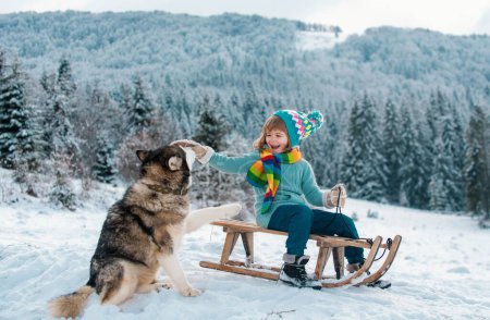 Foto de Juegos activos de invierno al aire libre para niños con perro. Feliz Navidad concepto de vacaciones. Niño disfrutando del invierno, jugando con el paseo en trineo en el bosque de invierno - Imagen libre de derechos