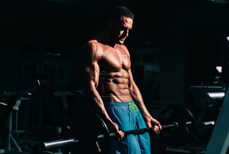 Photo for Portrait of athletic man without a shirt with dumbbells. Shirtless man man with muscles torso, in the gym. - Royalty Free Image