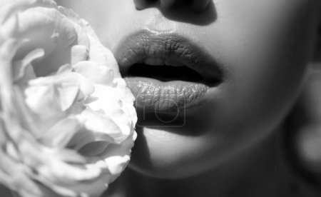 Photo for Sensual open mouth. Lips with lipstick closeup. Beautiful woman lips with rose - Royalty Free Image