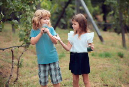 Photo for Brother and sister drink green smoothie outside. Little boy and girl working in the garden. Two happy children in summer park. Kids summer holiday vacation concept. Childrens friendship - Royalty Free Image