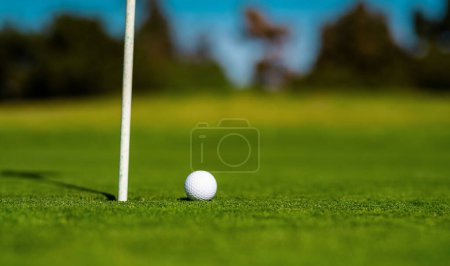 Téléchargez les photos : Boule de golf sur lèvre de tasse sur fond d'herbe - en image libre de droit