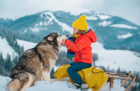 Photo for Active winter outdoors games for kids. Happy Christmas vacation concept. Boy enjoying winter with siberian husky dog, playing with sleigh ride in the winter forest - Royalty Free Image