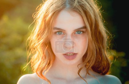 Photo for Beautiful girl face closeup, outside portrait of young woman. Summer romantic casual woman. - Royalty Free Image