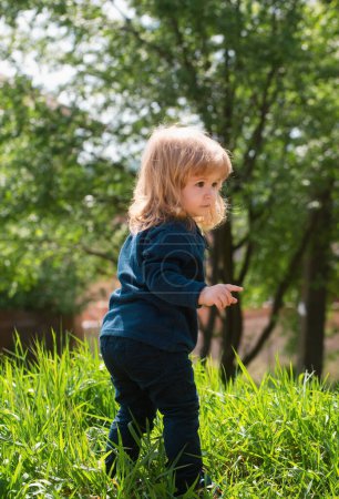 Foto de Bebé caminando en el parque. Pequeño bebé jugando en la naturaleza en la hierba verde. Niños jugando. Bebé y verano tiempo soleado - Imagen libre de derechos