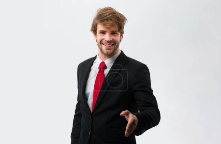 Photo for Business concept. Welcome to our team. Business man with copy space. Portrait of a handsome smiling business man, isolated on white background - Royalty Free Image