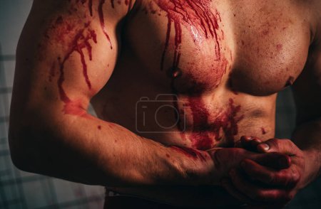 Photo for Mutant concept. Psycho mad man. Murderer brutal aggressive guy. Aggressive person. Injured soldier. Chest muscular torso with bloody streams. Pain and gain. Pain and injury. Body soiled blood. - Royalty Free Image