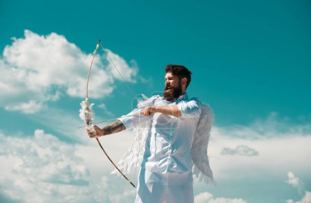 Photo for Happy Valentines Day. Crazy bearded angel man aiming with the arrow - Royalty Free Image