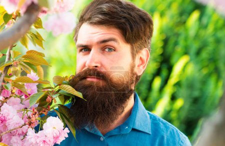 Photo for Close up portrait of spring man. Facial portrait of beautiful male model. Bearded man in light dress looking at camera while posing near flowering tree at sunny day - Royalty Free Image