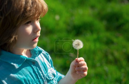 Téléchargez les photos : Garçon de printemps tenant des pissenlits sur fond de marche et d'herbe - en image libre de droit