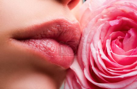 Photo for Lips with lipstick closeup. Beautiful woman lips with rose, macro with beautiful mouths - Royalty Free Image