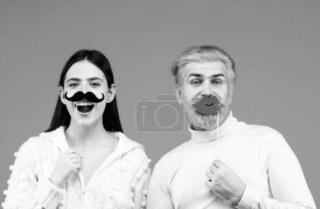 Photo for Gender, equality diversity concept. Identity transgender, gender stereotypes. Male female portrait. Funny couple of woman with moustache and man with red lips - Royalty Free Image