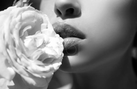 Téléchargez les photos : Belle femme lèvres avec rose. Maquillage naturel des lèvres. Gros plan belle bouche féminine. Lèvres pleines dodues - en image libre de droit