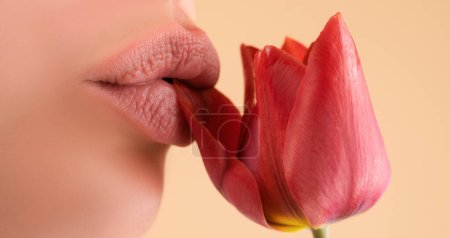 Photo for Closeup sensual lips. Woman mouth. Sexy plump lip lipstick - Royalty Free Image