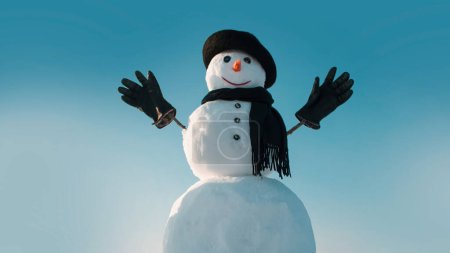 Téléchargez les photos : Bonhomme de neige de mode en chapeau noir, écharpe et gants. Bonhomme de neige sur le fond d'hiver. Bannière de Noël avec bonhomme de neige. Carte de voeux Nouvel An avec bonhomme de neige - en image libre de droit