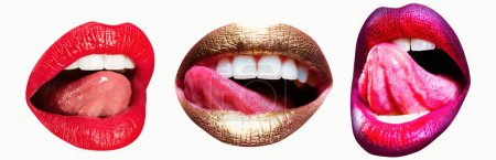Téléchargez les photos : Art lèvres tonguel lèchent les lèvres. Gros plan de la lèvre d'art, bouche féminine. Rouge collection lèvres femelles - en image libre de droit
