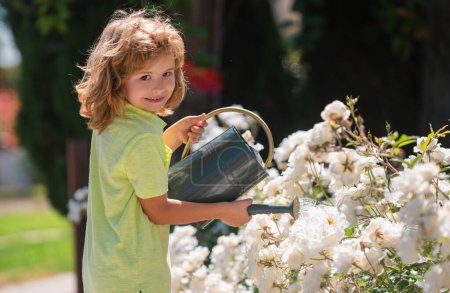 Téléchargez les photos : Mignon petit garçon arrosage des plantes avec arrosoir dans le jardin. Enfant aidant les parents à cultiver des fleurs dans la cour. Activités avec les enfants en plein air - en image libre de droit
