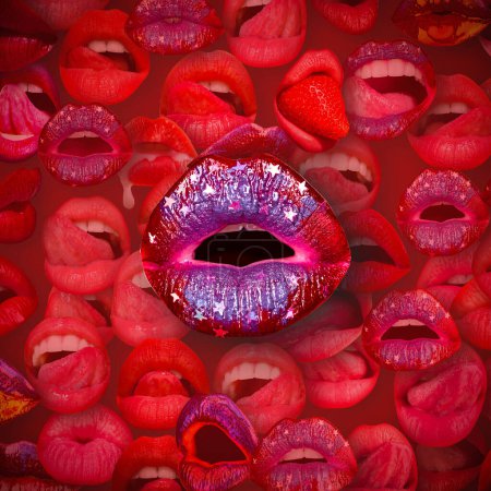 Téléchargez les photos : Lèvres et bouche. Ouvre la bouche sexy. Lèvre féminine en fond rouge. Les lèvres de femme - en image libre de droit