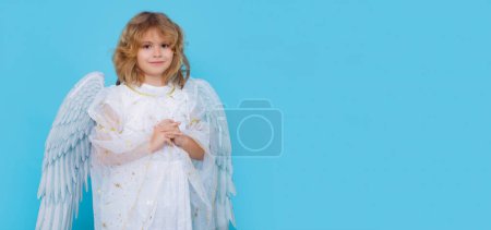 Photo for Valentines day. Little cupid angel child with wings. Studio portrait of angelic kid. Wide banner panoramic header copyspace - Royalty Free Image