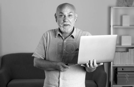 Photo for Portrait of senior office worker with a laptop. Senior man with a gray beard has a job in a laptop at home or office. Mature man using computer. Elderly managing director - Royalty Free Image