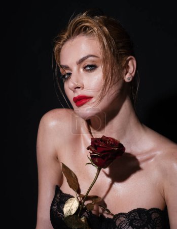 Photo for Beauty romantic woman with rose flowers. Beautiful luxury makeup. Valentines Day design. Portrait of fashion model girl on studio background. Nofilter unaltered skin - Royalty Free Image