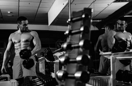 Téléchargez les photos : Homme travaillant dans la salle de gym faire de l'exercice pour les biceps avec haltères. Puissance, force et mode de vie sain, sport. puissant attrayant musclé homme formateur faire de l'exercice à la salle de gym - en image libre de droit