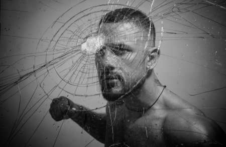 Photo for Gangster man, cracked glass. Ready to fight. Man boxing, strength and power. Hispanic gang man, south american latin, criminal guy with serious face - Royalty Free Image
