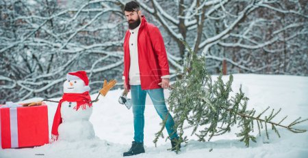 Téléchargez les photos : Père Noël posant avec hache et sapin de Noël. L'homme va couper un sapin de Noël. Un beau bois avec une barbe porte un arbre de Noël - en image libre de droit