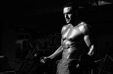 Photo for Sport man man doing biceps lifting in a gym. Muscular and strong guy exercising. Sportsman doing exercises with weights. Fitness and crossfit - Royalty Free Image