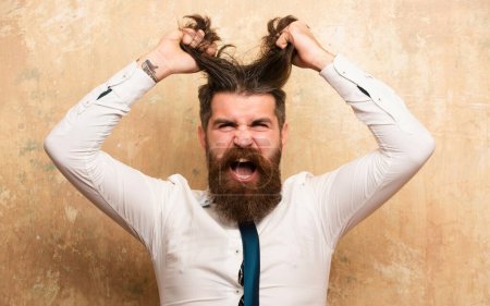 Photo for Funny hairstyle, modern haircut. Excited bearded man with beard, bearded gay. Barbershop concept. Angry men - Royalty Free Image