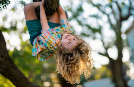 Téléchargez les photos : Enfant mignon apprenant à grimper, s'amusant dans le parc d'été. Les enfants grimpent aux arbres, pendus à l'envers sur un arbre dans un parc. À l'envers. Concept d'enfance - en image libre de droit