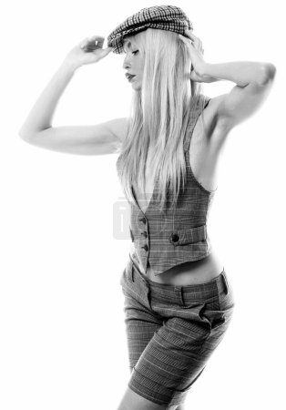 Photo for Studio portrait of beautiful blonde lady with grey costume on isolated background. Magnificent white girl in casual clothes posing on camera - Royalty Free Image