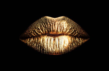 Photo for Golden lips isolated on black background. Luxury glamour art mouth. Clipping path gild lips - Royalty Free Image