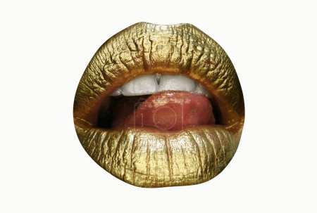 Photo for Golden lipstick closeup. Lips with metal makeup. Sexy lips, Metallic lipstick close up - Royalty Free Image
