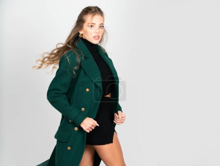 Photo for Vogue female coat. Fashion woman in vogue dress, fashion luxury modern style model. Pretty lovely girl wear fashion dress isolated background - Royalty Free Image