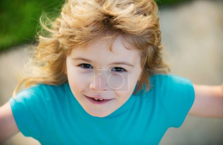 Photo for Kids face close up. Funny blonde little child close up portrait. Happy kids emotions, smiling face - Royalty Free Image