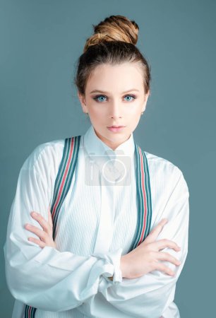 Photo for Old vintage fashion. Office suit. Girl with suspender on. Old fashioned woman in retro suit - Royalty Free Image