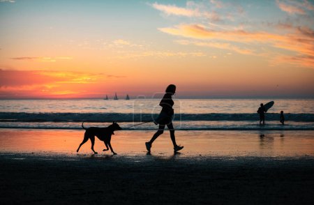 Foto de Mujer paseando con el perro en la playa al atardecer - Imagen libre de derechos