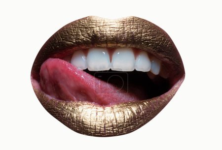 Photo for Red lips, mouth and tongue icon. Poster and banner of open mouth. Close-up woman licking lips. Female sexy mouth with tongue - Royalty Free Image