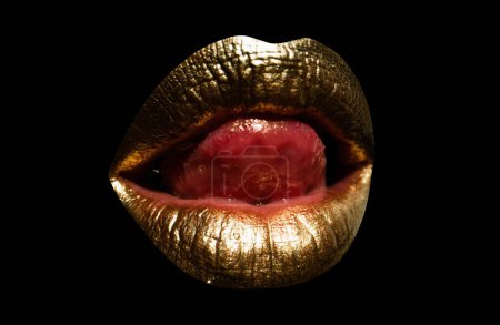 Photo for Female golden mouth isolated. Tongue licking sexy lips. Woman sensual gold lips - Royalty Free Image
