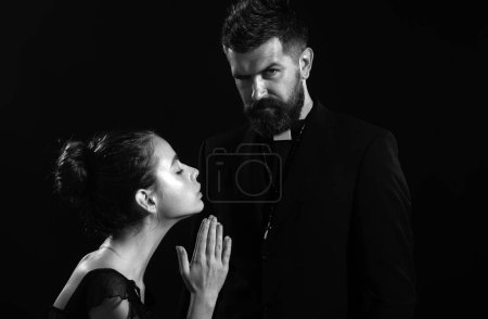 Photo for Religion holy. Seductive monk. Priest sin. Church Pastor with sexy woman nun - Royalty Free Image