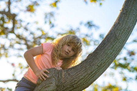 Child climbing a tree. Happy young boy play in summer garden. Kid on a tree with big branch