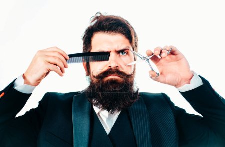 Photo for Bearded barber man in barbershop. Scissors and straight razor. Vintage style beard and mustache - Royalty Free Image