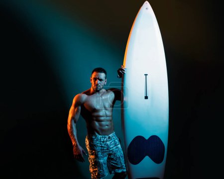 Photo for Sexy muscular summer boy. Handsome man with serf board or surfboard with athlete, fit and firm body - Royalty Free Image
