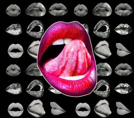 Foto de Collage sexy seducción mujer boca, lamer la pasión y sensual chupar. Conjunto de labios seducción tentación pasión deseo. Arte abstracto, estandarte. Aislado sobre fondo negro - Imagen libre de derechos