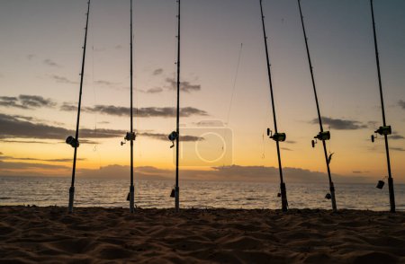 Foto de Carrete de pesca marina durante el amanecer. Cañas de pescar para gran fich - Imagen libre de derechos