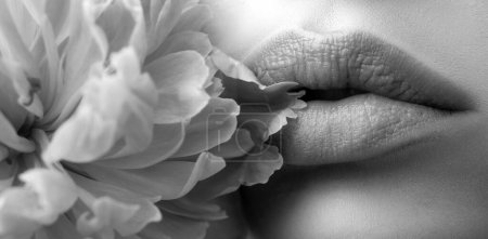 Téléchargez les photos : Bouche féminine aux lèvres roses sexy isolées en gros plan. Gros plan femme lèvres sensuelles avec rouge à lèvres rouge. Lèvres passionnées - en image libre de droit